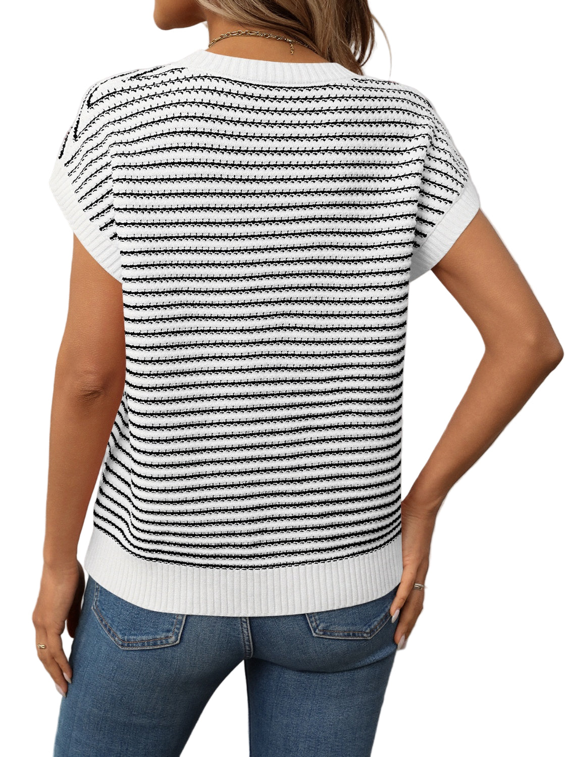 Striped Round Neck Short Sleeve Knit Top - Oh she Rose