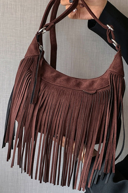 Suede Fringe Adjustable Strap Shoulder Bag - Oh she Rose