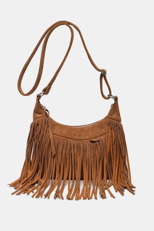 Suede Fringe Adjustable Strap Shoulder Bag - Oh she Rose