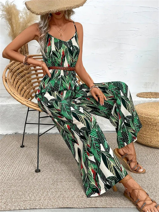 Tropical Print Spaghetti Strap Wide Leg Jumpsuit - Oh she Rose