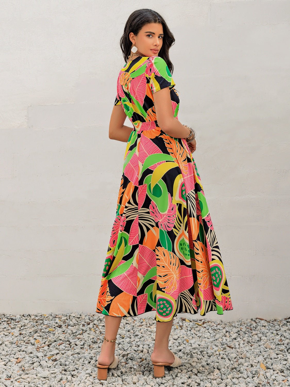 Tropical Print V - Neck Short Sleeve Midi Dress - Oh she Rose