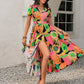 Tropical Print V - Neck Short Sleeve Midi Dress - Oh she Rose