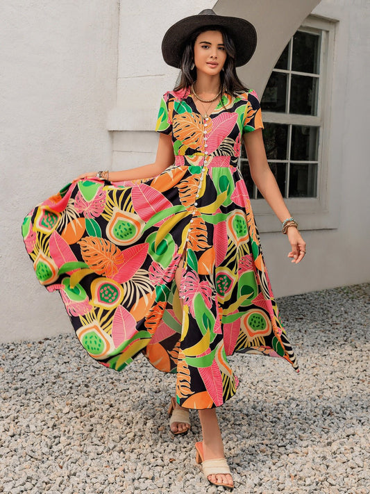 Tropical Print V - Neck Short Sleeve Midi Dress - Oh she Rose