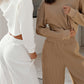 Waffle - Knit Round Neck Top and Pants Set - Oh she Rose