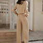 Waffle - Knit Round Neck Top and Pants Set - Oh she Rose