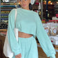 Waffle - Knit Round Neck Top and Pants Set - Oh she Rose