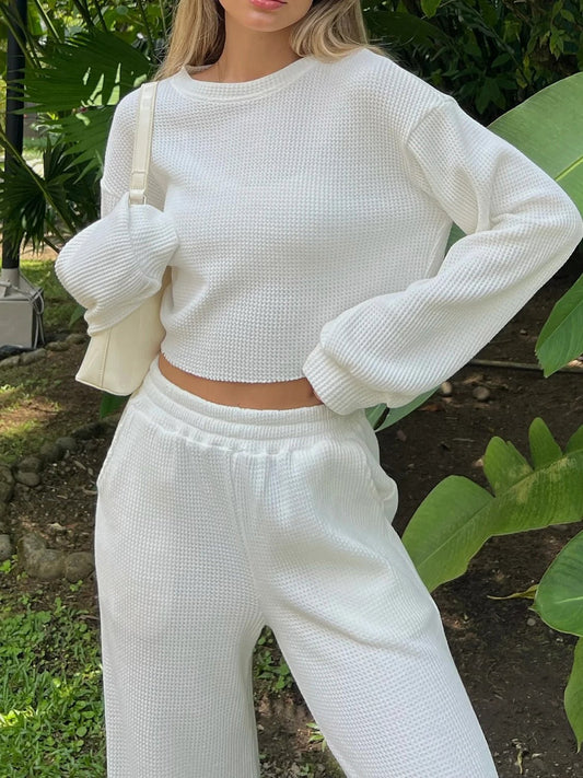 Waffle - Knit Round Neck Top and Pants Set - Oh she Rose