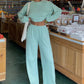 Waffle - Knit Round Neck Top and Pants Set - Oh she Rose