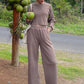 Waffle - Knit Round Neck Top and Pants Set - Oh she Rose
