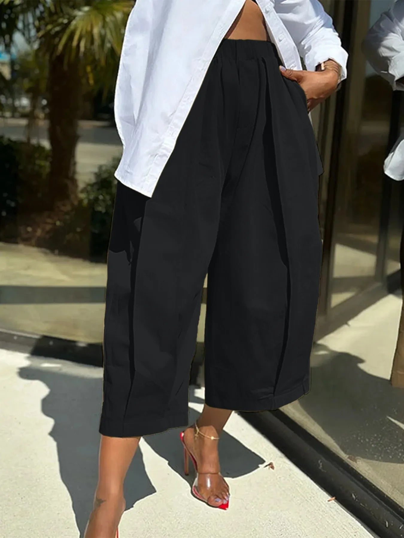 Wide Leg Pleated Cropped Pants - Oh she Rose